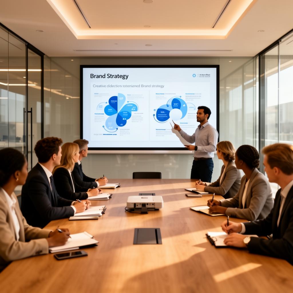 Team meeting discussing brand strategy, presenter pointing at visual diagram on screen, modern conference room setting, emphasizing collaboration in branding and design.